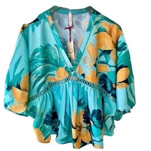 RAGA Floral V-Neck Blouse - Blue and Yellow